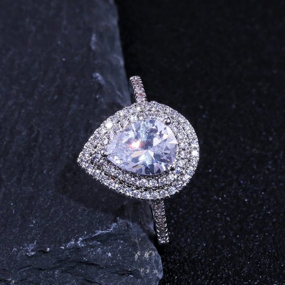 Pear Shaped Engagement Ring, CZ Bling Wedding Ring, Double Halo Promise Ring - Picture 4 of 5